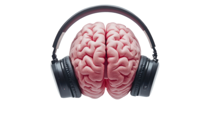 Brain Power: Headphones on a human brain, symbolizing the power of music, audio learning, and mental stimulation.  