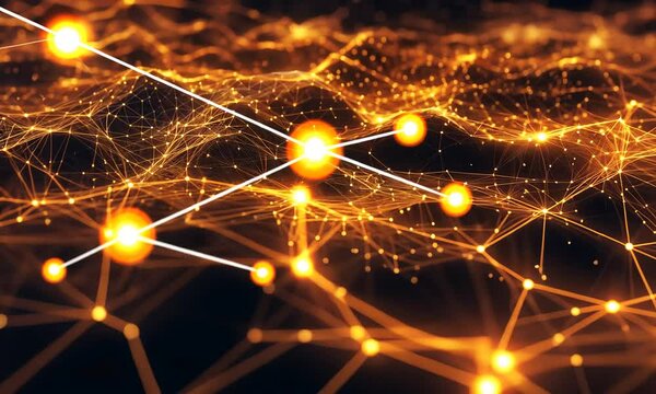 R&eacute;seau num&eacute;rique abstrait orange et dor&eacute; avec ligne connect&eacute;e lumineuse, structure de donn&eacute;es futuriste, maillage technologique, fond digital brillant, connexion, intelligence artificielle