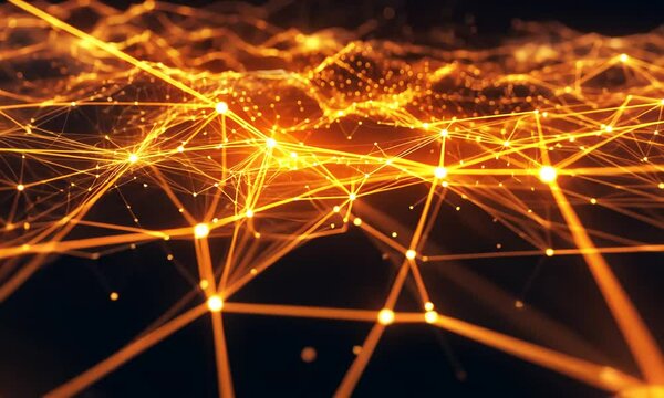 R&eacute;seau num&eacute;rique abstrait orange dor&eacute; avec ligne connect&eacute;e lumineuse, structure de donn&eacute;es futuriste, maillage technologique en perspective fond digital brillant, connexion, intelligence artificielle