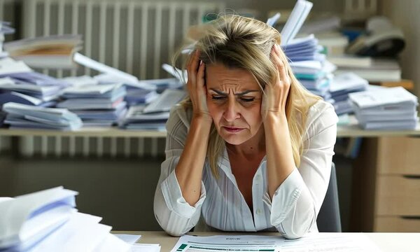Femme blonde stress&eacute;e se tenant la t&ecirc;te devant des piles de dossiers et de papiers au bureau, surcharge administrative, burn out, &eacute;puisement professionnel, travail de bureau et pression mentale