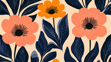 vibrant floral pattern with orange and yellow flowers on a beige background featuring dark blue leaves