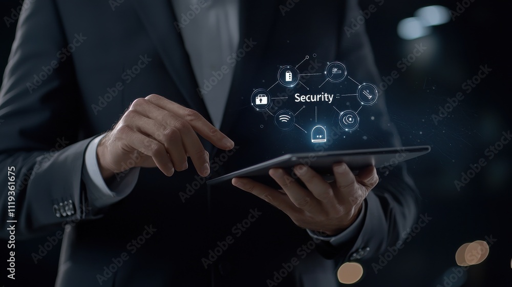 Poster enhancing data security business professional using tablet in modern office digital technology envir