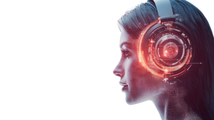 Woman in Headphones: A futuristic and abstract portrait of a woman wearing headphones with intricate, glowing circuitry, symbolizing the fusion of technology and human consciousness.  