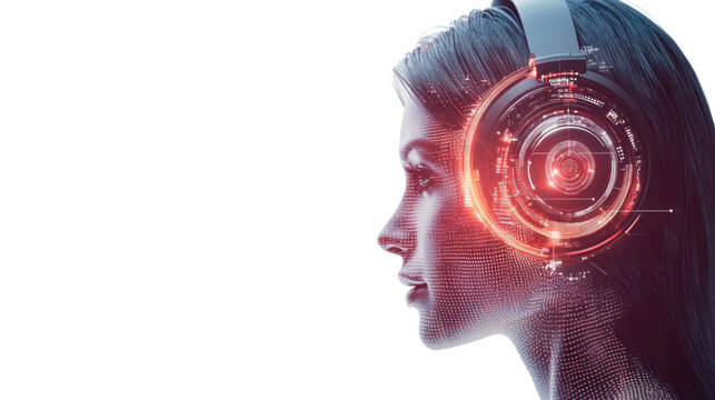 Woman in Headphones: A futuristic and abstract portrait of a woman wearing headphones with intricate, glowing circuitry, symbolizing the fusion of technology and human consciousness.  
