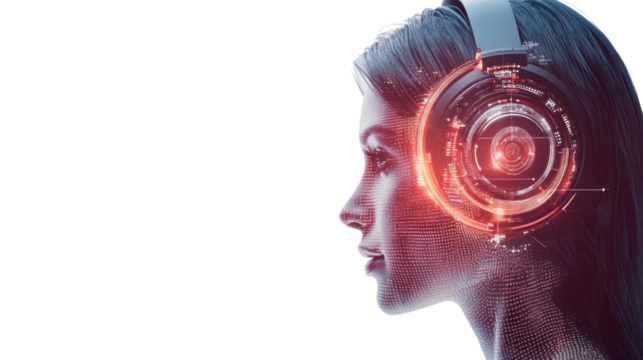 Woman in Headphones: A futuristic and abstract portrait of a woman wearing headphones with intricate, glowing circuitry, symbolizing the fusion of technology and human consciousness.  