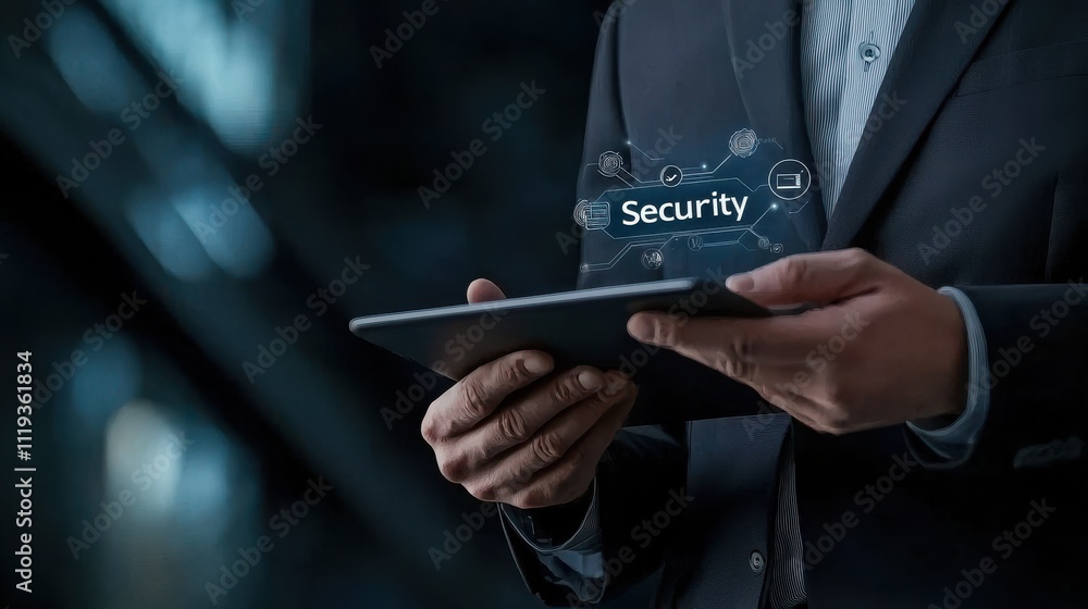Poster security measures implemented by business professionals in an office environment using digital devic