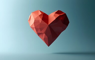 A vibrant, geometric heart sculpture symbolizes love and creativity, set against a calming blue background for a modern artistic touch.