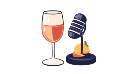Wine and Podcast: A delightful illustration featuring a glass of rosé wine alongside a vintage microphone, suggesting a sophisticated podcast about wine or a relaxing evening with a podcast. 