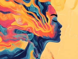 A vibrant portrayal of a woman's profile, symbolizing inner thoughts with swirling colors and dynamic lines.