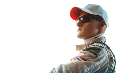 The Racer's Gaze: A portrait of a determined racer, his eyes focused on the horizon, ready to take on the next challenge.  He stands with arms crossed, wearing a white racing suit, sunglasses.
