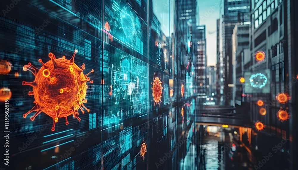Poster an abstract representation of a futuristic city skyline with digital elements. featuring virus icons
