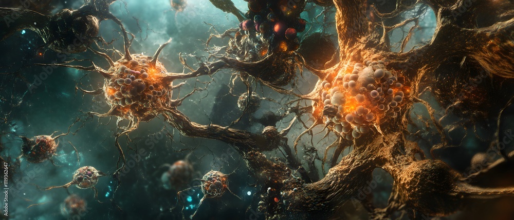 Poster an abstract representation of neurons and synapses showcasing intricate connections, vibrant colors,