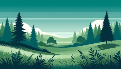 Fototapeta premium Lush green meadow with tall trees in the foreground and a forest in the background