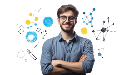 Confident Innovator: A young man with a bright smile and glasses stands confidently with arms crossed, surrounded by colorful, hand-drawn scientific diagrams and symbols.