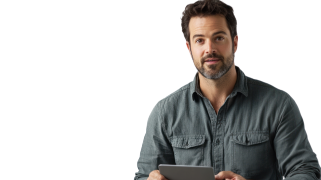 Confident Man with Tablet: Portrait of a man holding a tablet, conveying competence and approachability. Ideal for tech, business, or professional contexts. 