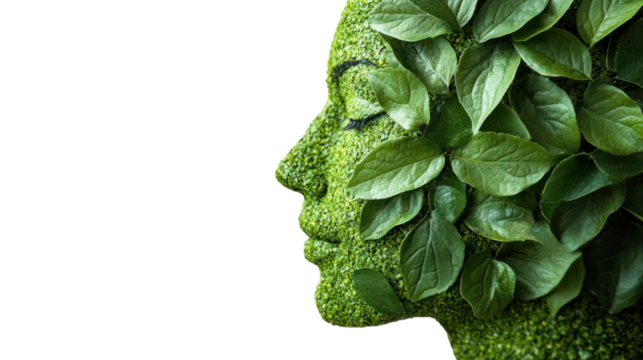 Nature's Embrace: A woman's face is adorned with lush green leaves, symbolizing a connection with the natural world. The serene expression evokes a sense of peace and harmony.  