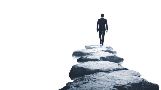 The Path to Success: A lone businessman walks confidently towards the horizon along a rocky path, symbolizing determination and the journey towards achievement.