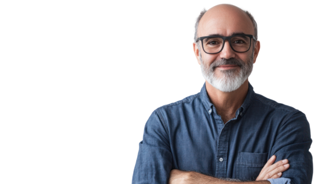 Confident Mature Man: Portrait of a smiling, successful mature man with arms crossed and glasses.  He exudes confidence and experience.