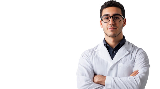 Confident Young Scientist: Portrait of a serious, ambitious young male scientist in a lab coat, arms crossed, exuding confidence and expertise.