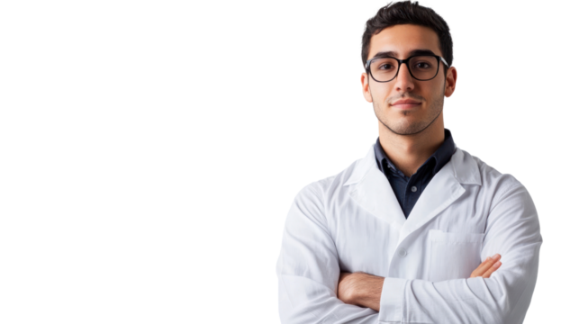 Confident Young Scientist: Portrait of a serious, ambitious young male scientist in a lab coat, arms crossed, exuding confidence and expertise.