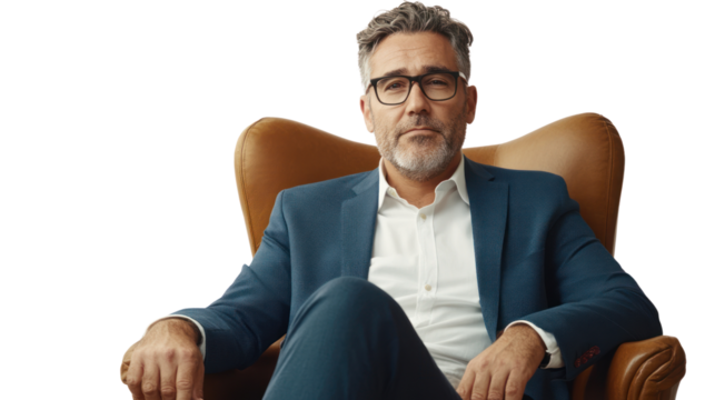 Confident CEO Portrait:  A mature businessman exudes confidence and authority, sitting composed in a brown leather armchair.  He's dressed in a sharp teal suit.