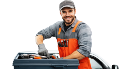 Mechanic's Confidence: Portrait of a smiling, skilled mechanic confidently preparing his tools from his toolbox, ready for car repair.  He exudes professionalism and expertise. 