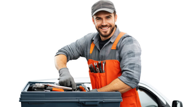 Mechanic's Confidence: Portrait of a smiling, skilled mechanic confidently preparing his tools from his toolbox, ready for car repair.  He exudes professionalism and expertise. 