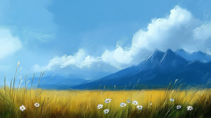 mountain serenity an impressionist wheat field and blue mountains oil painting