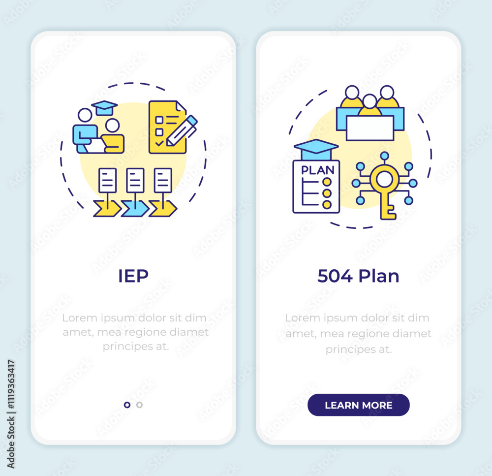 Poster iep vs 504 plan onboarding mobile app screen. education walkthrough 2 steps editable graphic instruc