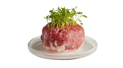 Miniature Garden of Life: A raw beef patty with a vibrant green sprout emerging from its center, symbolizing a unique take on life, growth, and sustainability.  