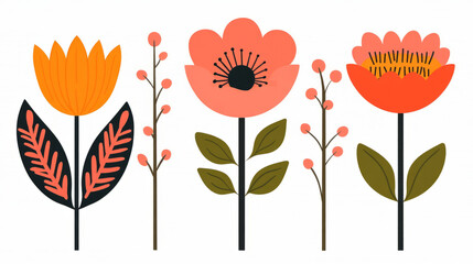 stylized mid-century modern floral designs in vibrant geometric patterns