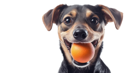 Playful Pup: Portrait of an adorable mixed breed dog happily holding an orange tennis ball in its mouth.  A joyful image perfect for pet-related projects. 