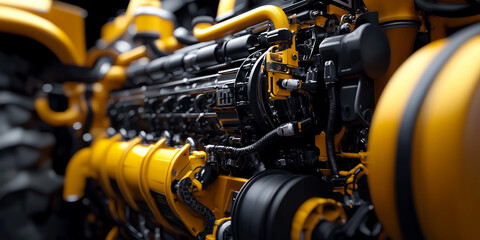 Fototapeta premium 3D rendering of a yellow and black engine, close-up on the truck's components, with visible mechanical parts, generative AI