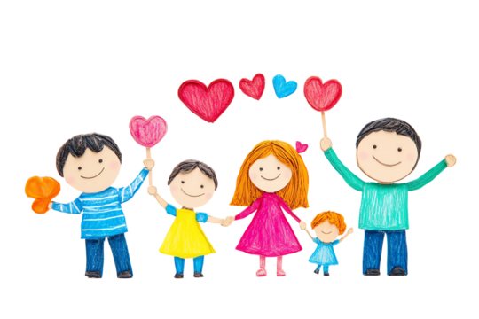 A cheerful family illustration featuring a dad, mom, and three kids holding colorful hearts and celebrating love together in a joyful scene.