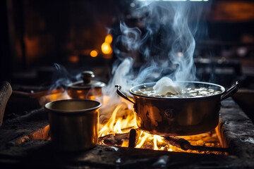 A traditional brass pot boiling over with milk, symbolizing prosperity, on a wooden fire, soft light