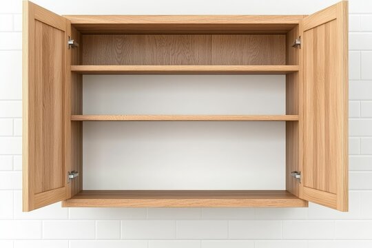 Empty light oak wall-mounted cupboard with three shelves and double doors open, against a white brick wall.