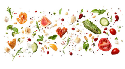 A Symphony of Flavors: Fresh ingredients, including tomatoes, cucumbers, lettuce, and croutons, dance in mid-air, creating a vibrant and appetizing composition.