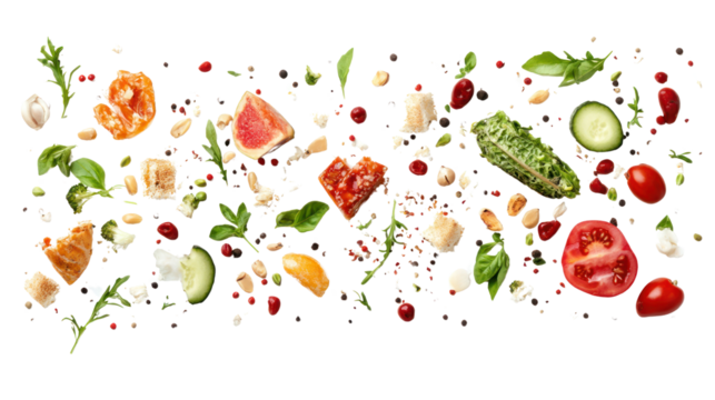 A Symphony of Flavors: Fresh ingredients, including tomatoes, cucumbers, lettuce, and croutons, dance in mid-air, creating a vibrant and appetizing composition.