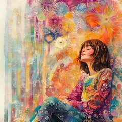 Vibrant and ethereal watercolor painting depicting a serene dreamy floral portrait with a nostalgic retro inspired bohemian aesthetic and harmonious saturated colors