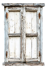 Very old wooden window frame with cracked paint on it isolated on white background