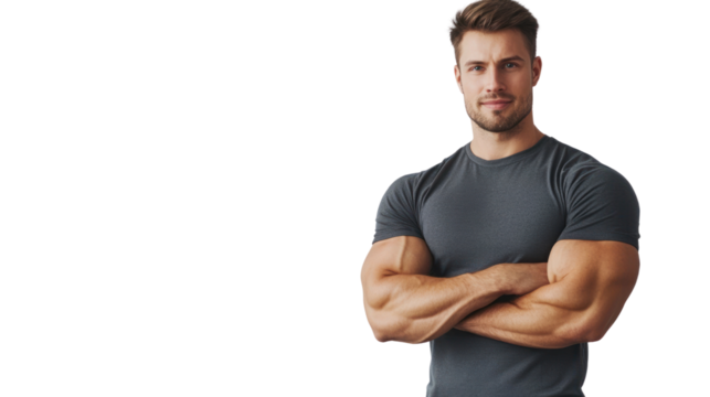 Confident and Muscular Man: Portrait of a strong, athletic man with arms crossed, showcasing his physique and self-assured demeanor.  Perfect for fitness, health, and lifestyle concepts. 