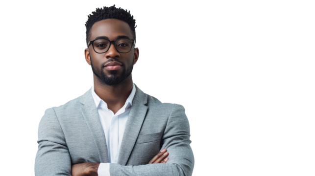 Confident Professional Portrait: A serious and composed Black businessman in a grey suit, arms crossed, exudes confidence and competence. A portrait perfect for business, leadership. - Powered by Adobe