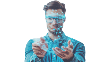 Connecting the Dots: A man with a determined gaze, his hands outstretched, holds a mesmerizing digital network of interconnected dots, symbolizing the power of connection, innovation.