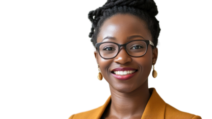 Confident and Professional: A portrait of a smiling woman with glasses and a confident expression. Her warm eyes and relaxed posture exude  professionalism and approachability.  