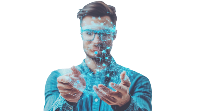 Connecting the Dots: A man with a determined gaze, his hands outstretched, holds a mesmerizing digital network of interconnected dots, symbolizing the power of connection, innovation.