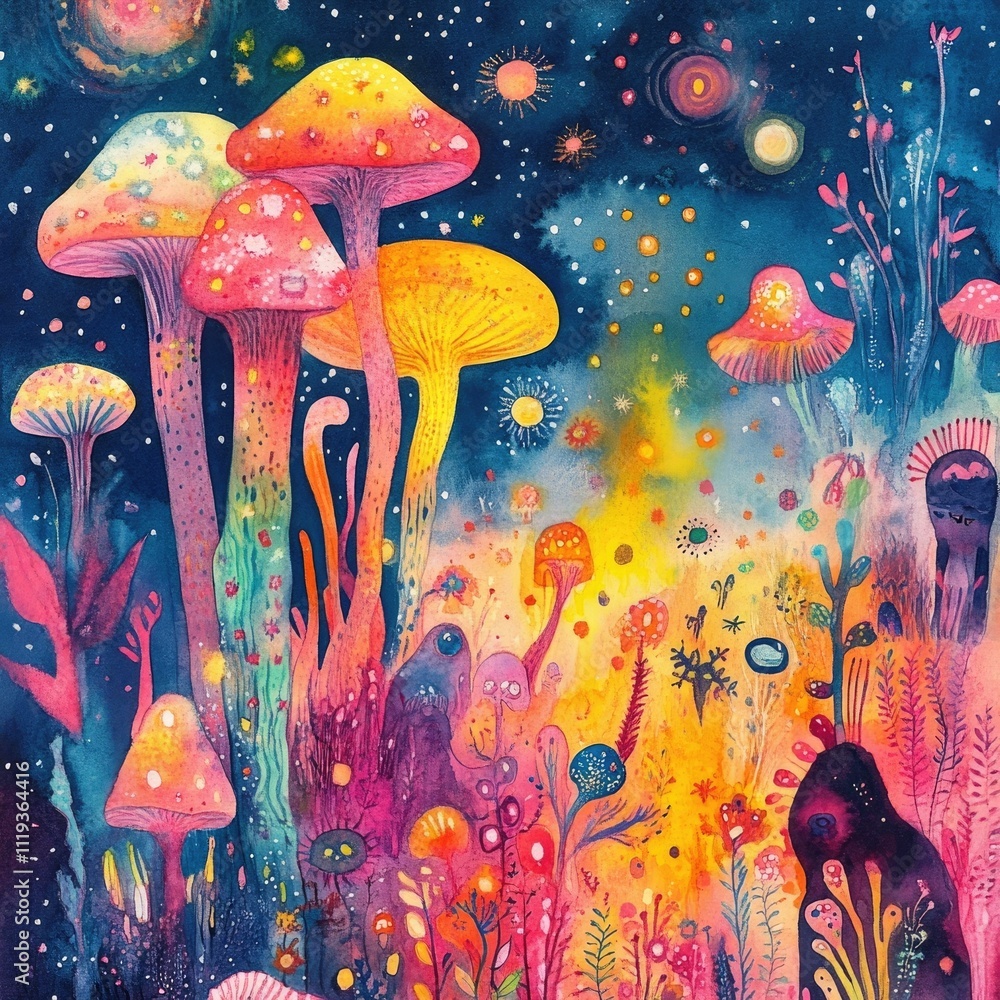 Poster vibrant and psychedelic boho watercolor designs featuring trippy cartoon mushroom characters set aga