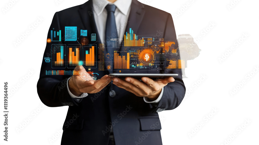 Poster data-driven decisions: a businessman uses a tablet displaying dynamic charts and graphs, symbolizing