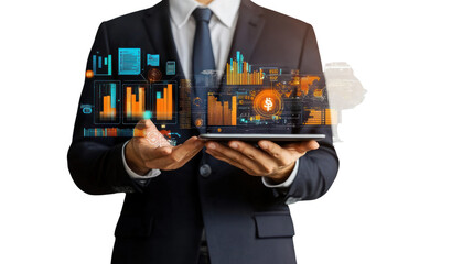 Data-Driven Decisions: A businessman uses a tablet displaying dynamic charts and graphs, symbolizing strategic planning and insightful analysis in a modern business setting.