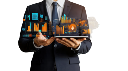 Data-Driven Decisions: A businessman uses a tablet displaying dynamic charts and graphs, symbolizing strategic planning and insightful analysis in a modern business setting.