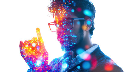 The Digital Architect: A visionary man wearing glasses, his hand reaching out, surrounded by a vibrant, abstract burst of data and light.